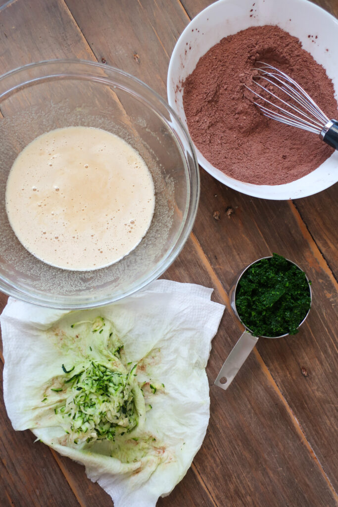 ingredients for moist double chocolate zucchini and spinach bread; healthy breakfast recipes; healthy bread; zucchini bread