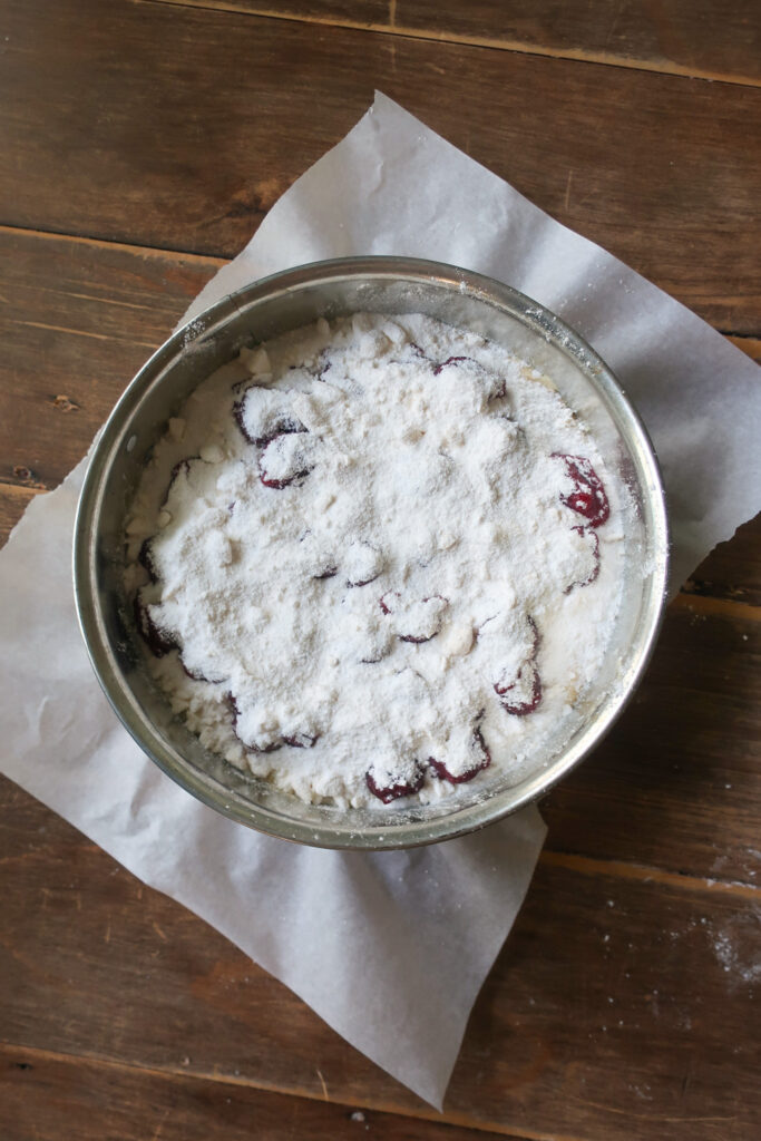 sweet crumble topping for cherry coffee cake; streusel topping for coffee cake; easy crumble topping for coffee cake and muffins