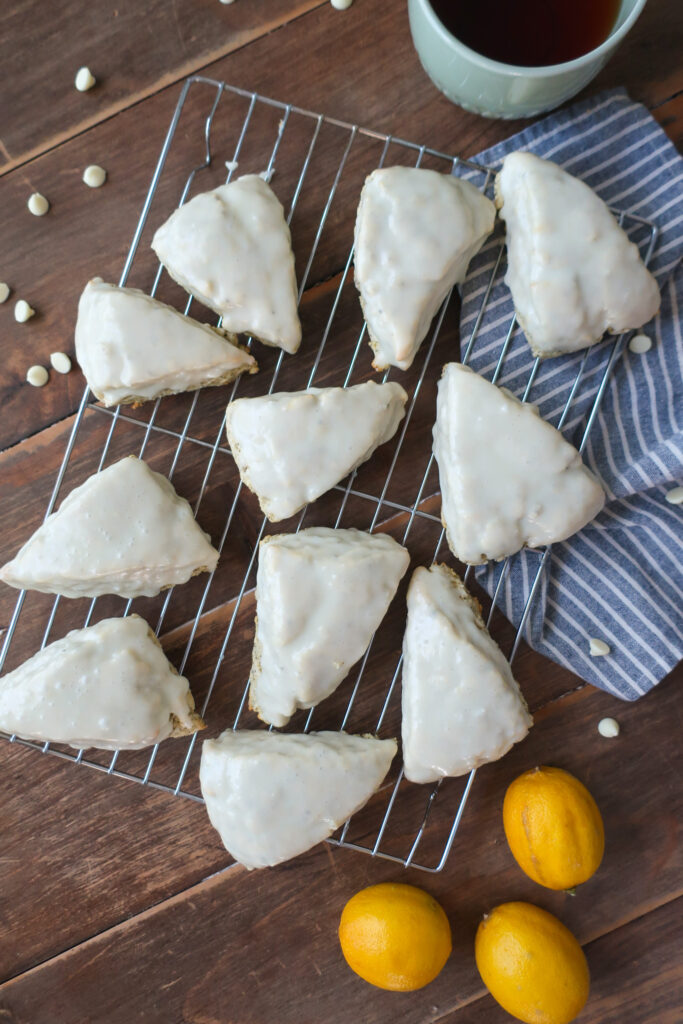 glazed scones; baking ingredients for scones; earl grey scones; lemon scones; sweet breakfast brunch recipe earl grey lemon scones with white chocolate lemon glaze