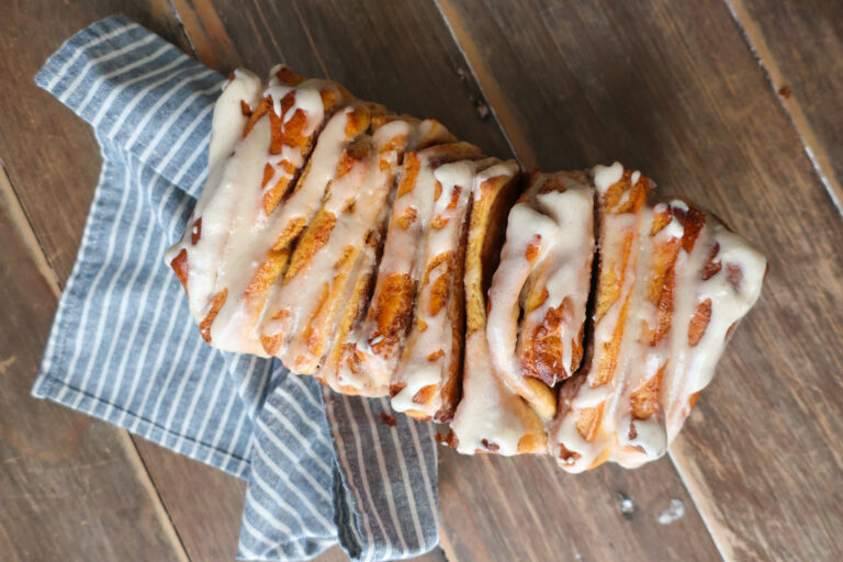 cinnamon sugar sweet potato pull-apart bread drizzled with brown butter vanilla glaze