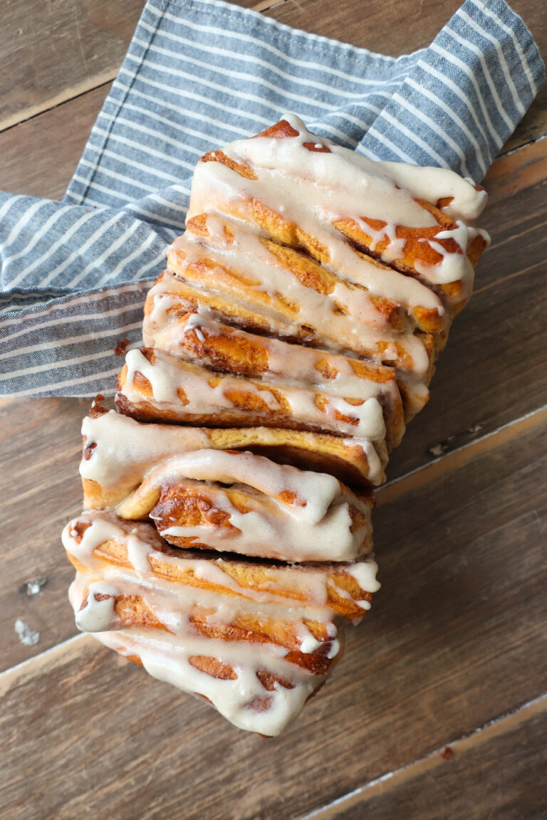 cinnamon sugar sweet potato pull-apart bread drizzled with brown butter vanilla glaze