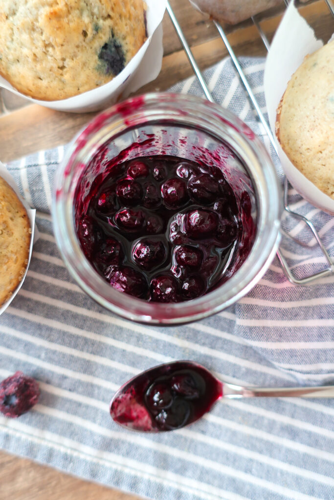 how to make blueberry compote, blueberries sugar and orange juice in a pot, blueberry compote to pair with blueberry muffins, blueberry chai spiced muffins with blueberry compote