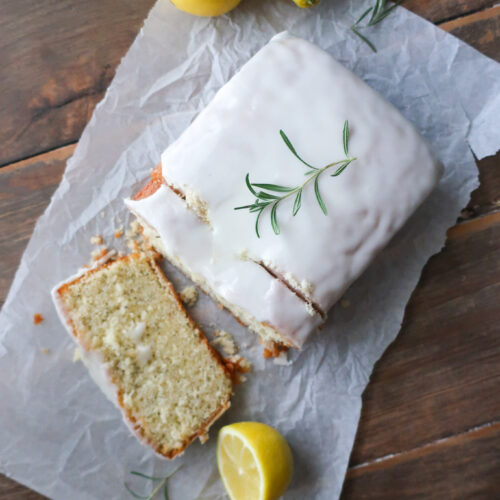 lemon rosemary loaf cake with lemon rosemary simple syrup and lemon glaze