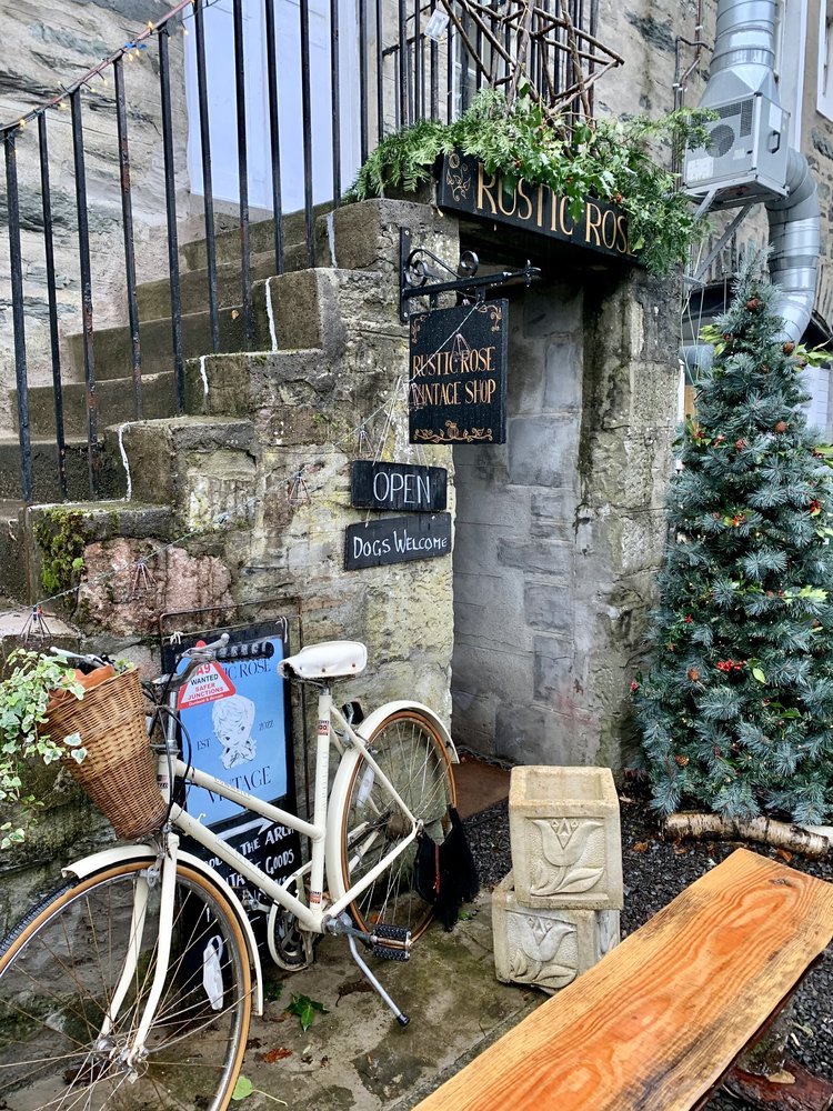 bike outside vintage shop in dunkeld, scotland, uk, europe; solo travel; solo female travel; roadtrip scotland; roadtrip europe; scotland itinerary