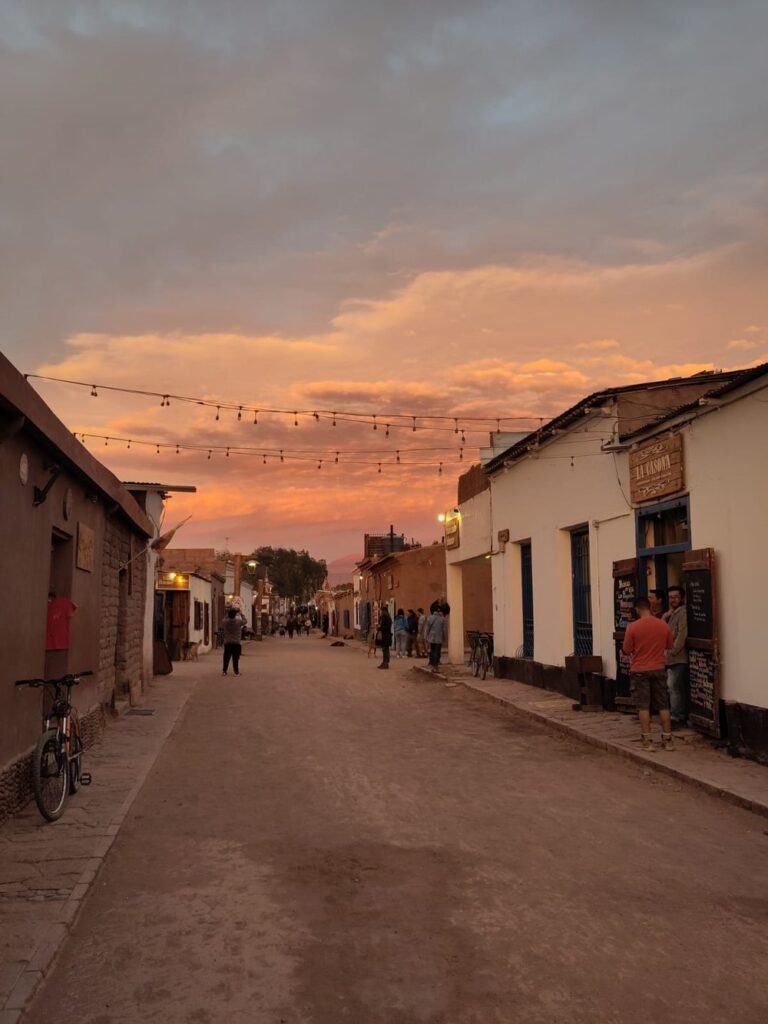 sunset streets of san pedro de atacama chile; south american desert; solo travel; solo female travel; backpacking south america; backpacking tips; chile travel itinerary; chile travel; south america travel destinations; where to visit in south america