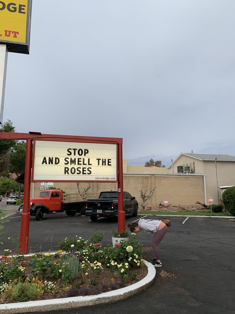 stop and smell the roses sign in alton, utah, usa near zion national park; mother daughter trip; road trip south west; south west usa; utah travel itinerary; road trip tips; female travel