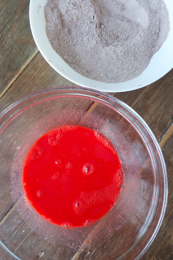 Wet ingredients for red velvet cake with cream cheese frosting