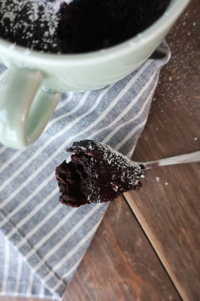 bite of moist chocolate mug cake