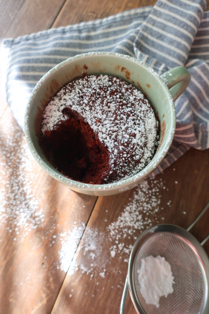 moist chocolate mug cake dusted with powdered sugar