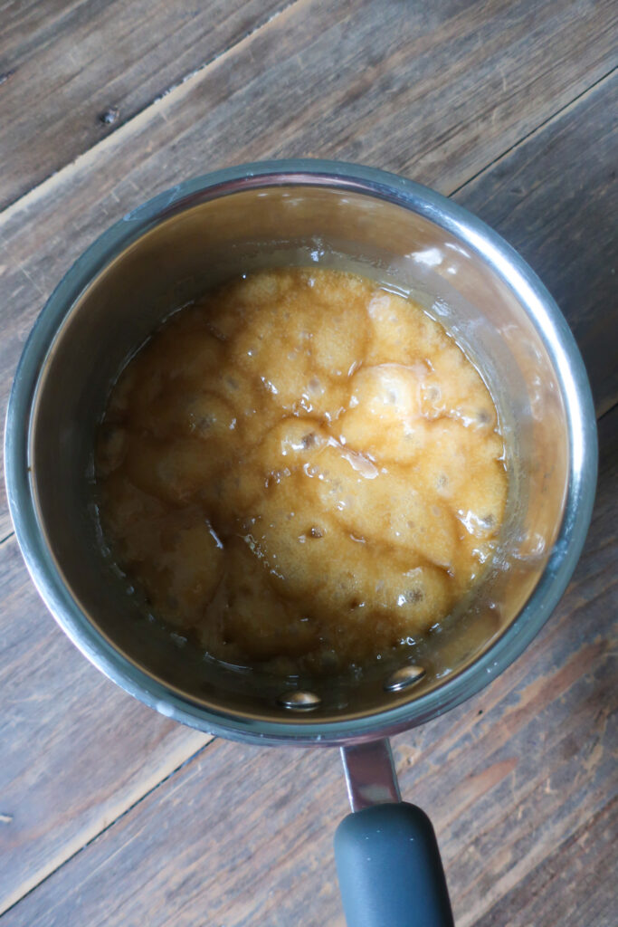 boiling toffee in pot for chocolate toffee tart