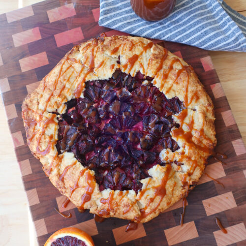 galette topped with salted caramel, salted caramel in a jar next to a galette, blood orange galette drizzled with homemade salted caramel