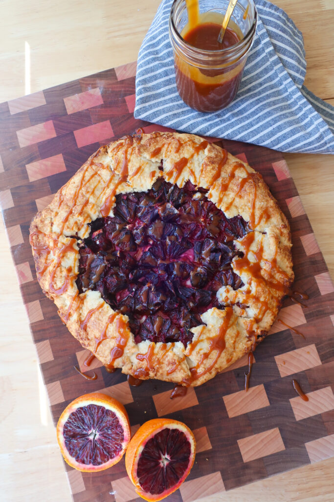 galette topped with salted caramel, salted caramel in a jar next to a galette, blood orange galette drizzled with homemade salted caramel