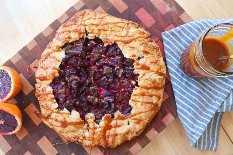 galette topped with salted caramel, salted caramel in a jar next to a galette, blood orange galette drizzled with homemade salted caramel