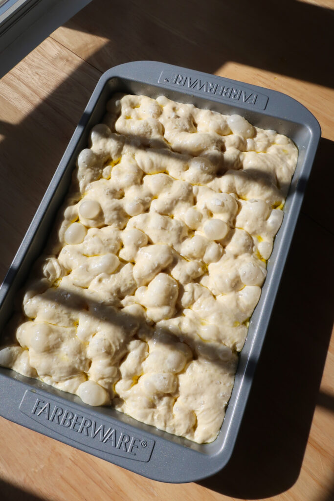 birds eye shot of focaccia dimpled in pan