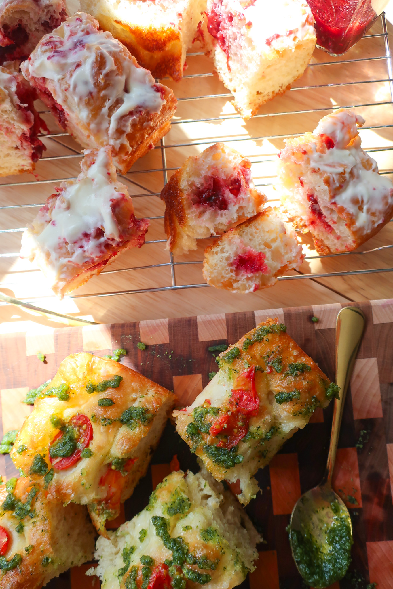 strawberry jam filling focaccia holes covered in cream cheese glaze, no-knead focaccia, one focaccia two flavors, tomato pesto focaccia, strawberry cheesecake focaccia