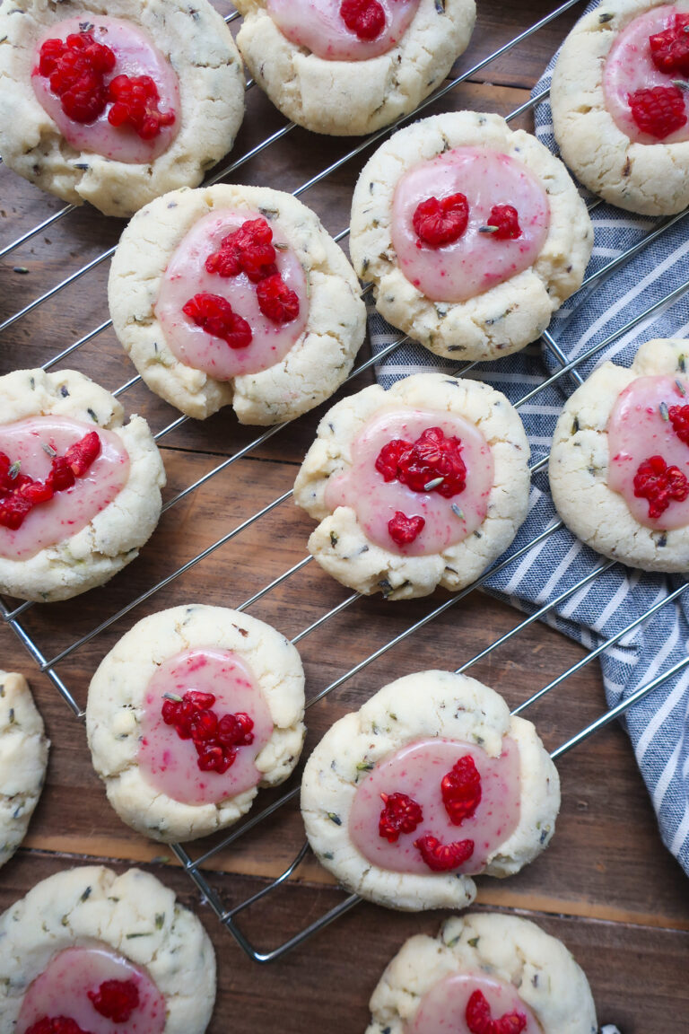 lavender thumbprint cookies with white chocolate raspberry ganache