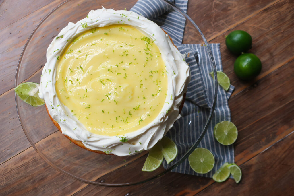 lime olive oil cake with whipped cream and lime curd