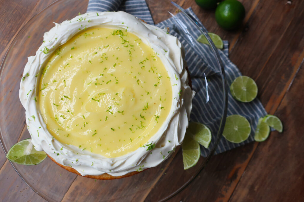 lime olive oil cake with whipped cream and lime curd