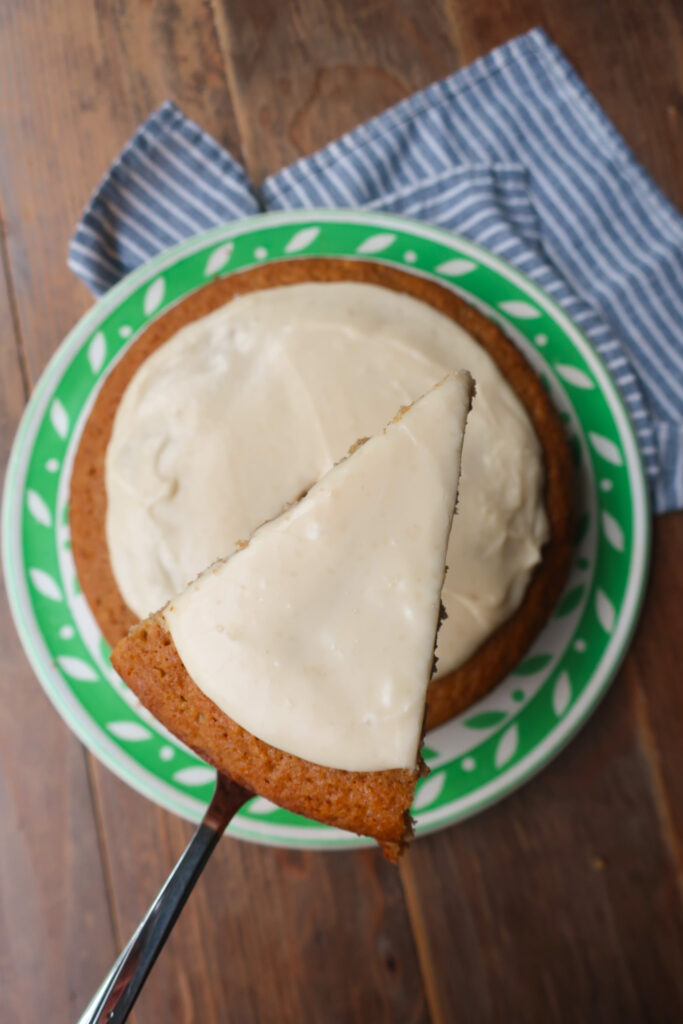 up close slice of cinnamon olive oil cake