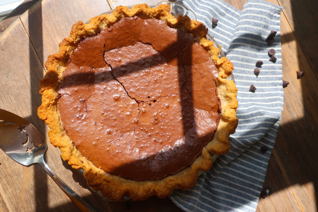 chocolate fudge pie in sunlight