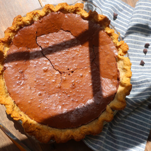chocolate fudge pie in sunlight