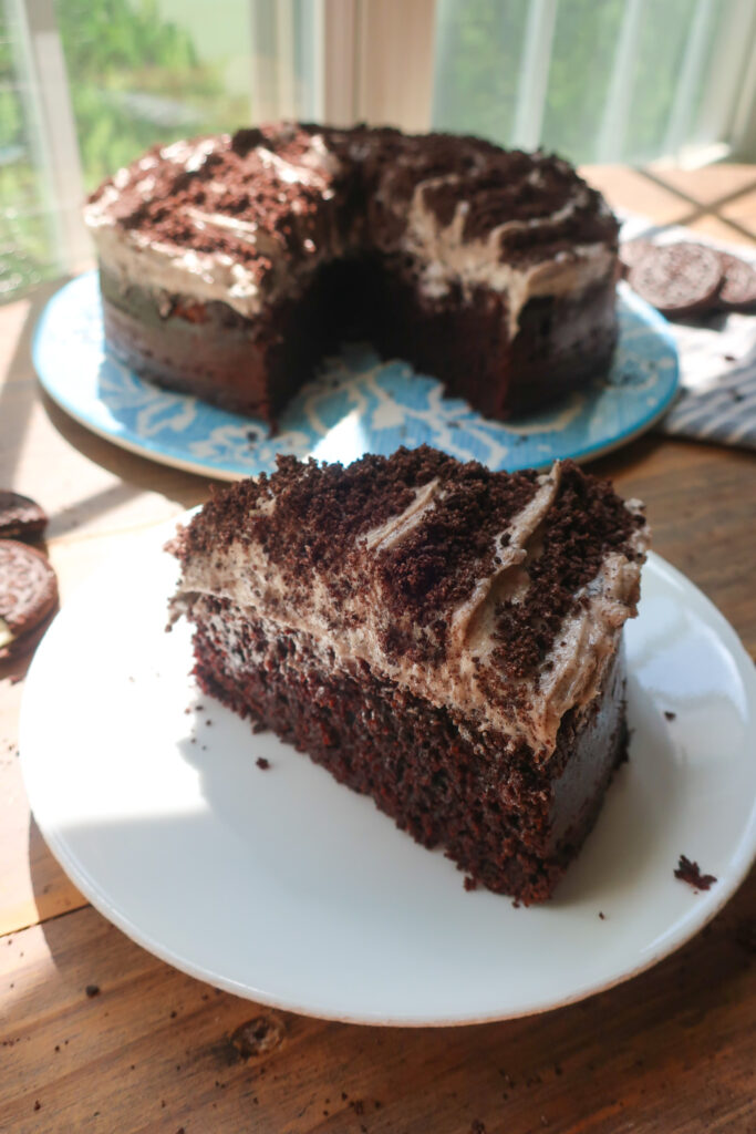 slice of Oreo cake on white plate