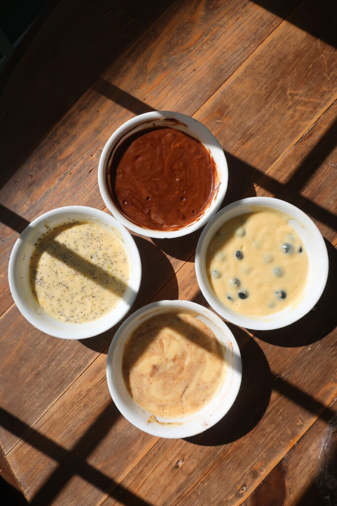 one muffin batter split into four different flavors