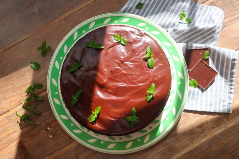 chocolate olive oil cake with mint dark chocolate ganache