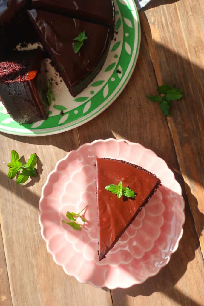chocolate olive oil cake with mint dark chocolate ganache