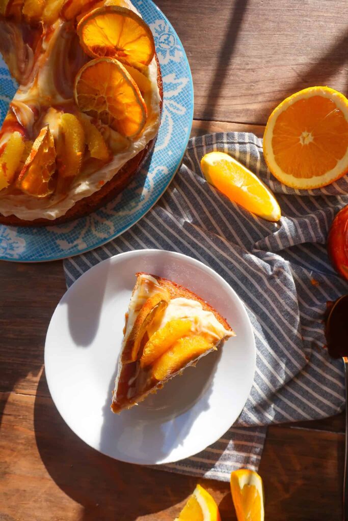 slice of olive oil cake on white plate