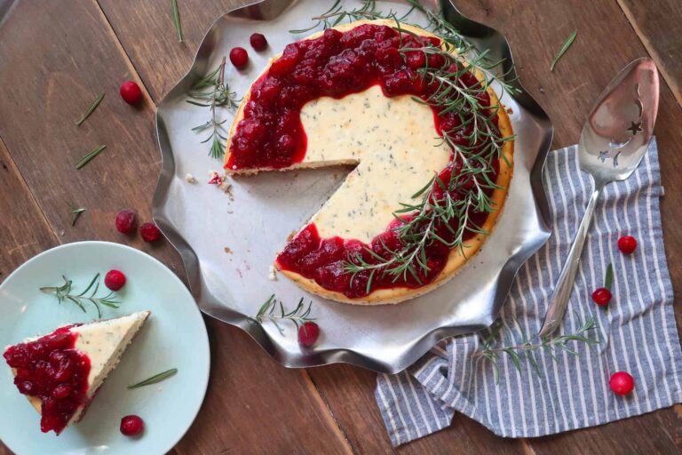 rosemary cheesecake with cranberry compote