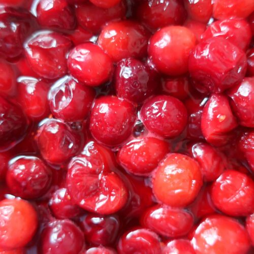up close picture of cranberry consommé