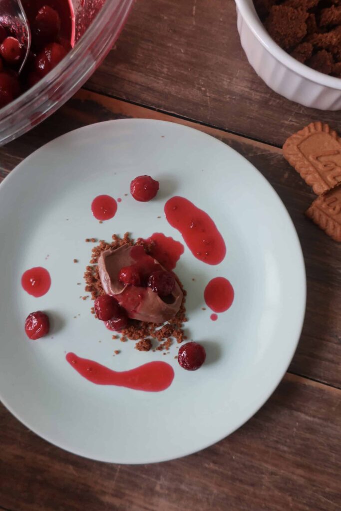 cold chocolate dessert with cranberries and Biscoff