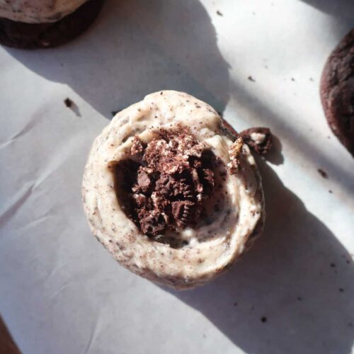 top of small batch chocolate Oreo cookies frosted with Oreo buttercream