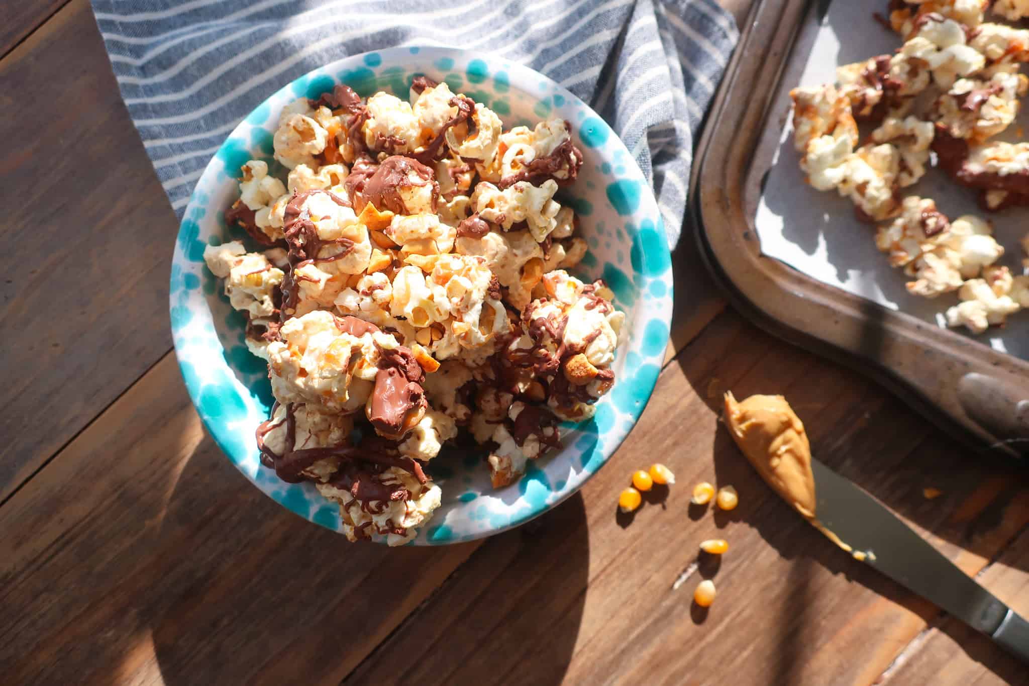 bowl of homemade Snickers popcorn