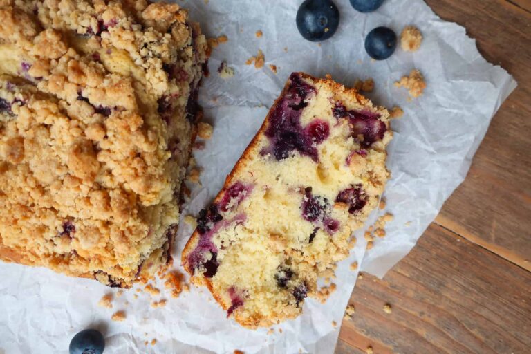 up close of piece of blueberry muffin bread
