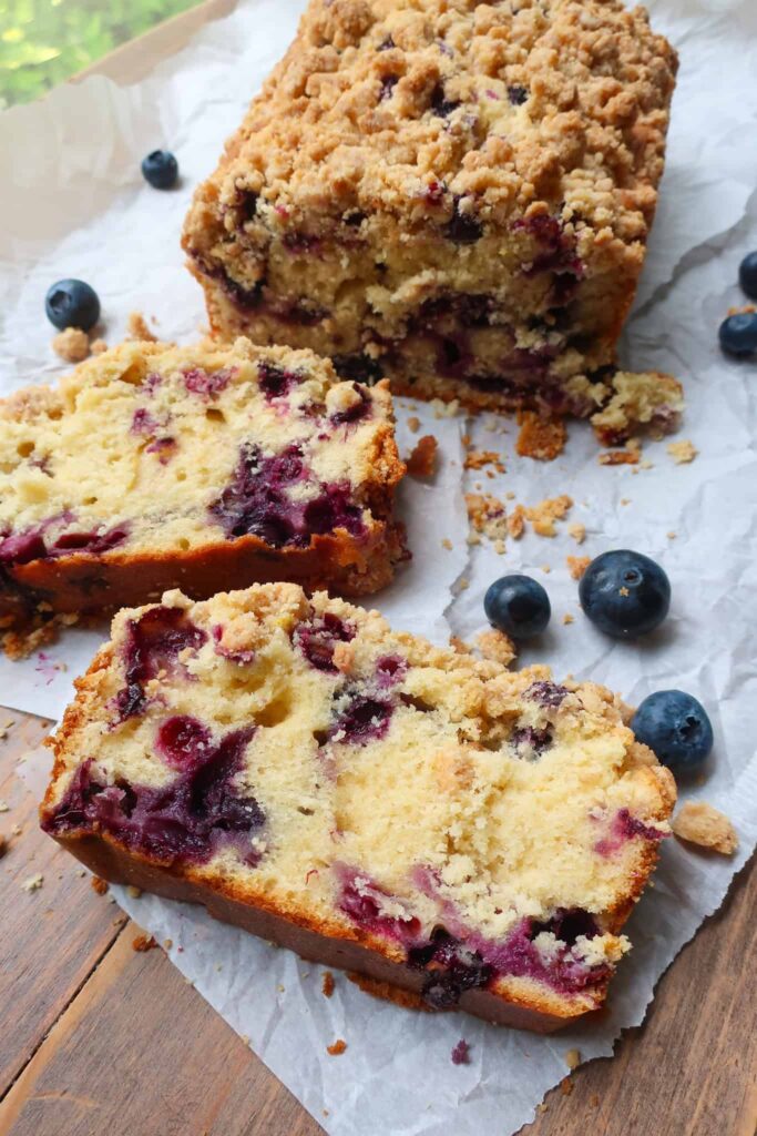 soft blueberry loaf cake with streusel