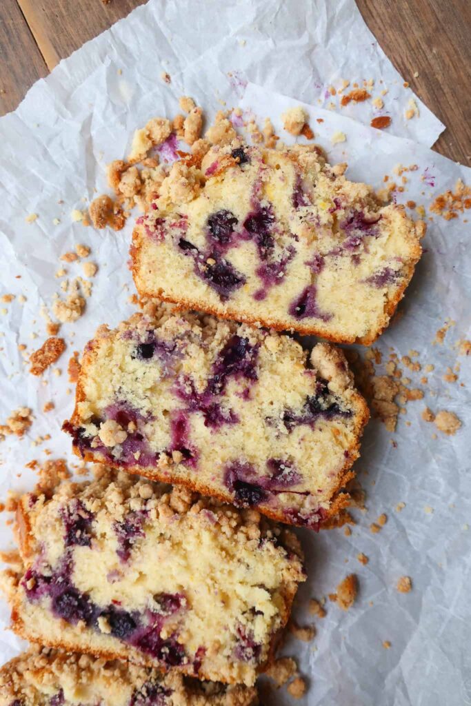 slices of blueberry muffin bread on parchment paper