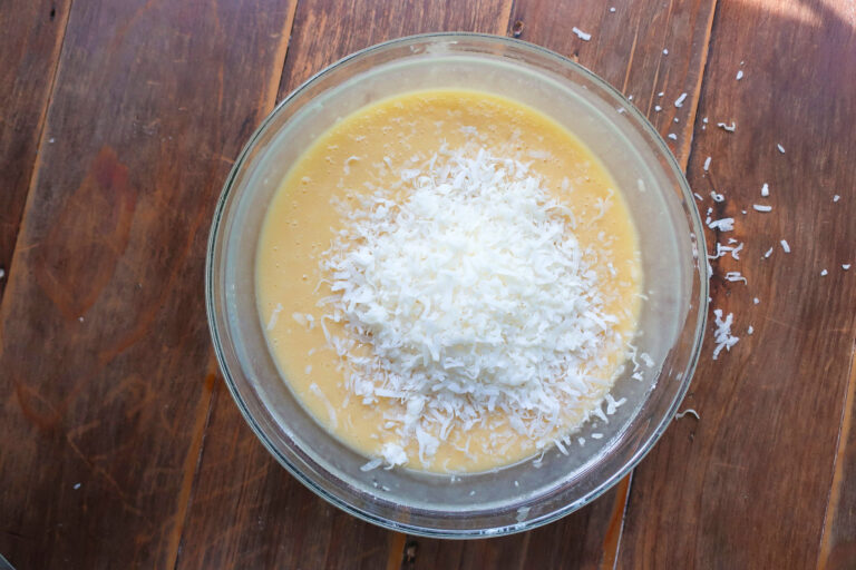 coconut flakes in bowl with batter