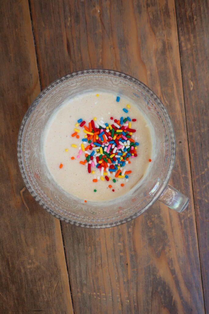 single serve vanilla cake batter with sprinkles