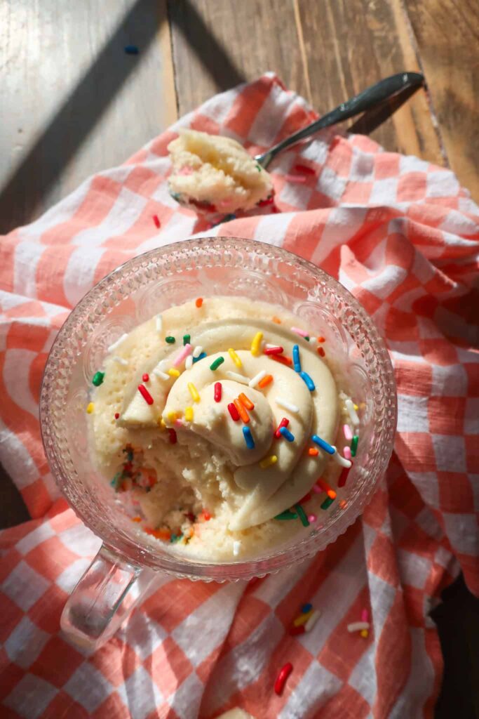 easy vanilla mug cake with sprinkles