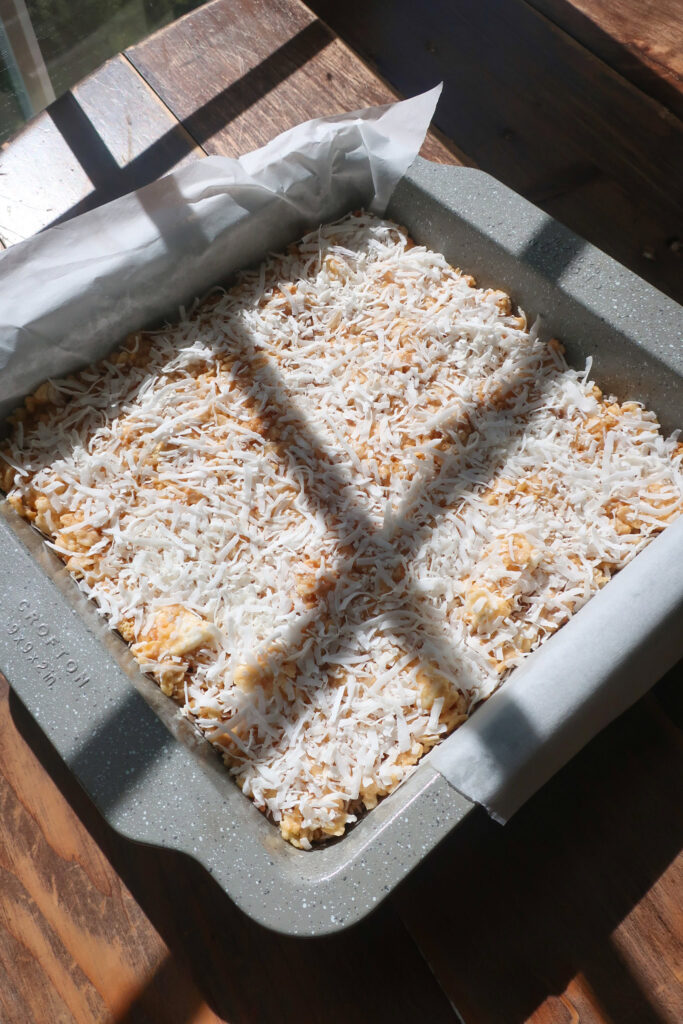 tray of uncut rice krispie treats