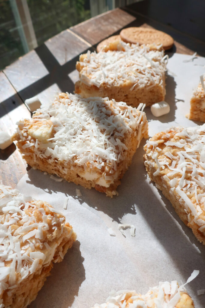 rice krispie treat with coconut and digestive biscuits