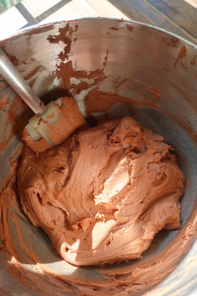 mixing bowl with chocolate buttercream