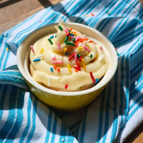 vanilla frosting on vanilla funfetti cake