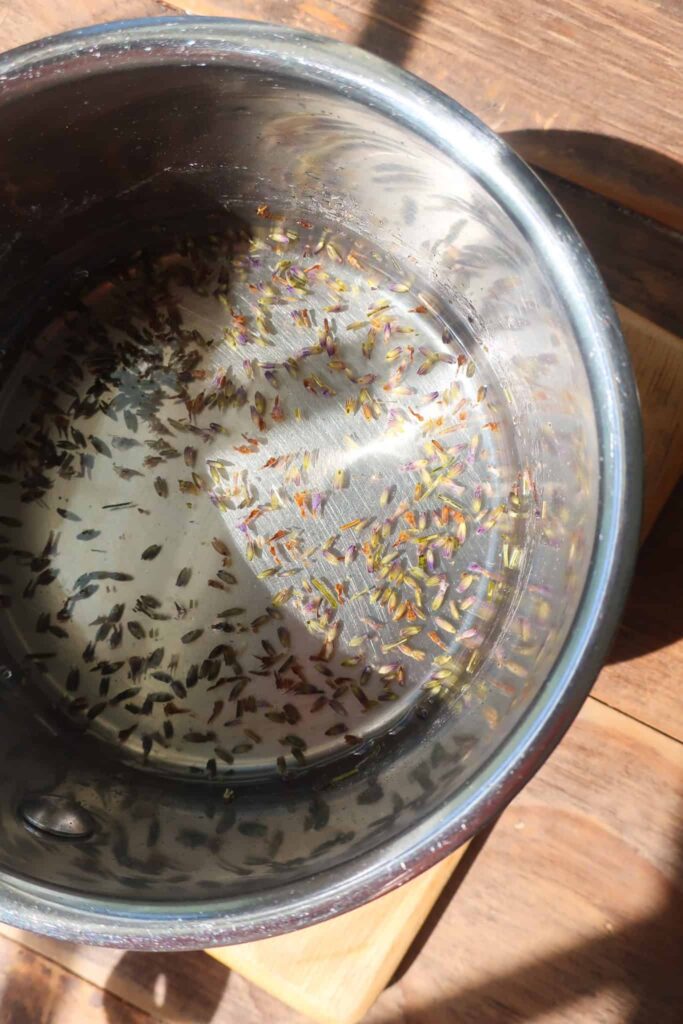 lavender simple syrup in pot