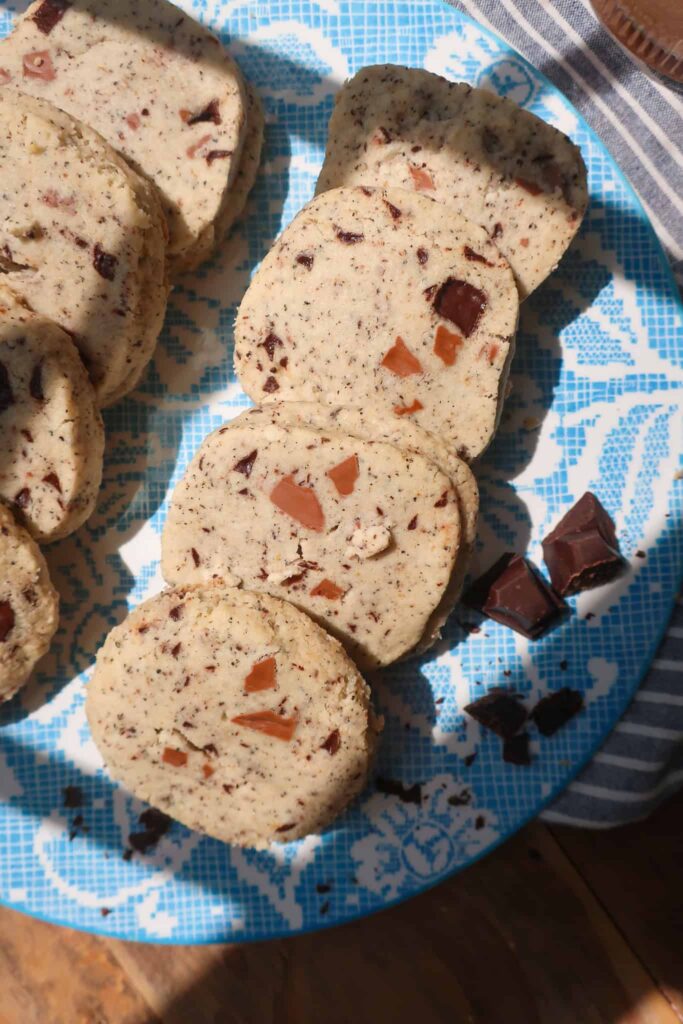 chocolate earl grey brown butter cookies on blue plate