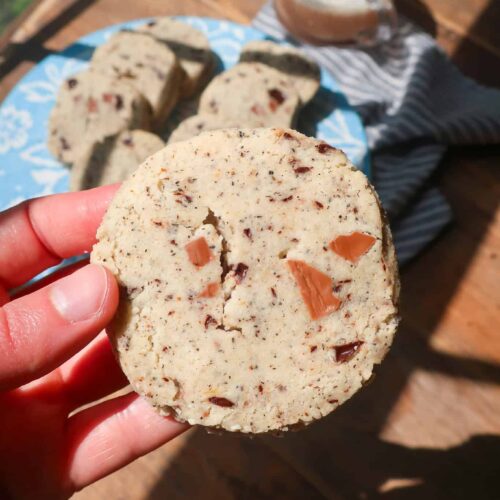 holding earl grey chocolate chunk shortbread cookie