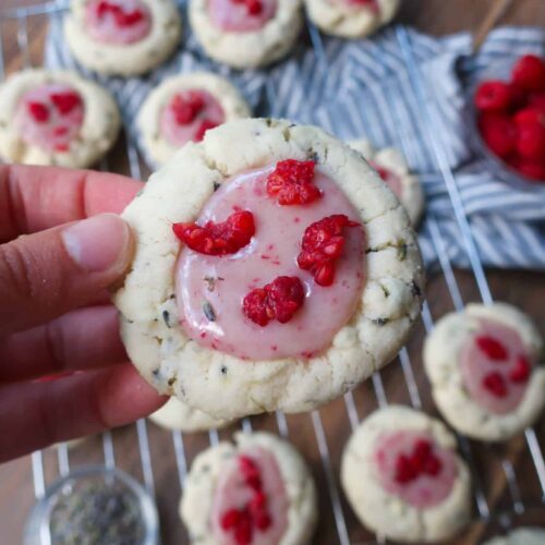 white chocolate raspberry ganache in thumbprint cookie