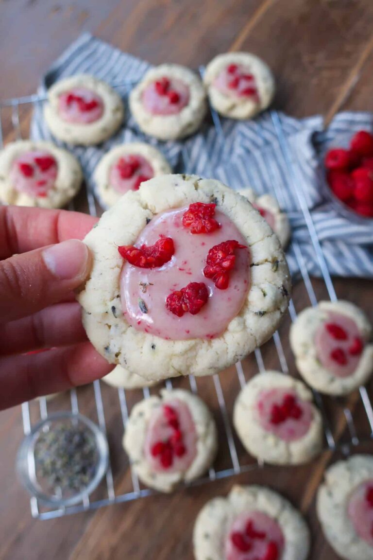 white chocolate raspberry ganache in thumbprint cookie